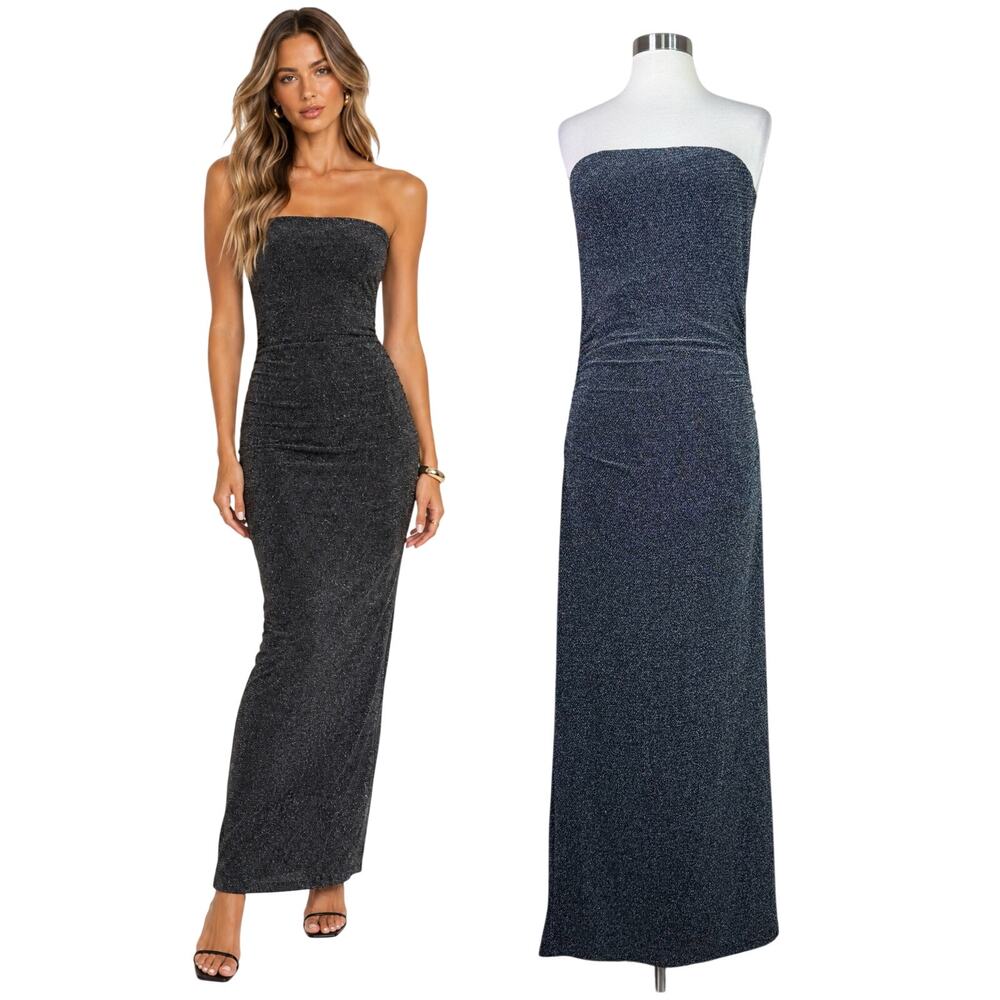 Gianni Bini | Black Silver Metallic Strapless Ruched Cocktail Maxi Dress Large